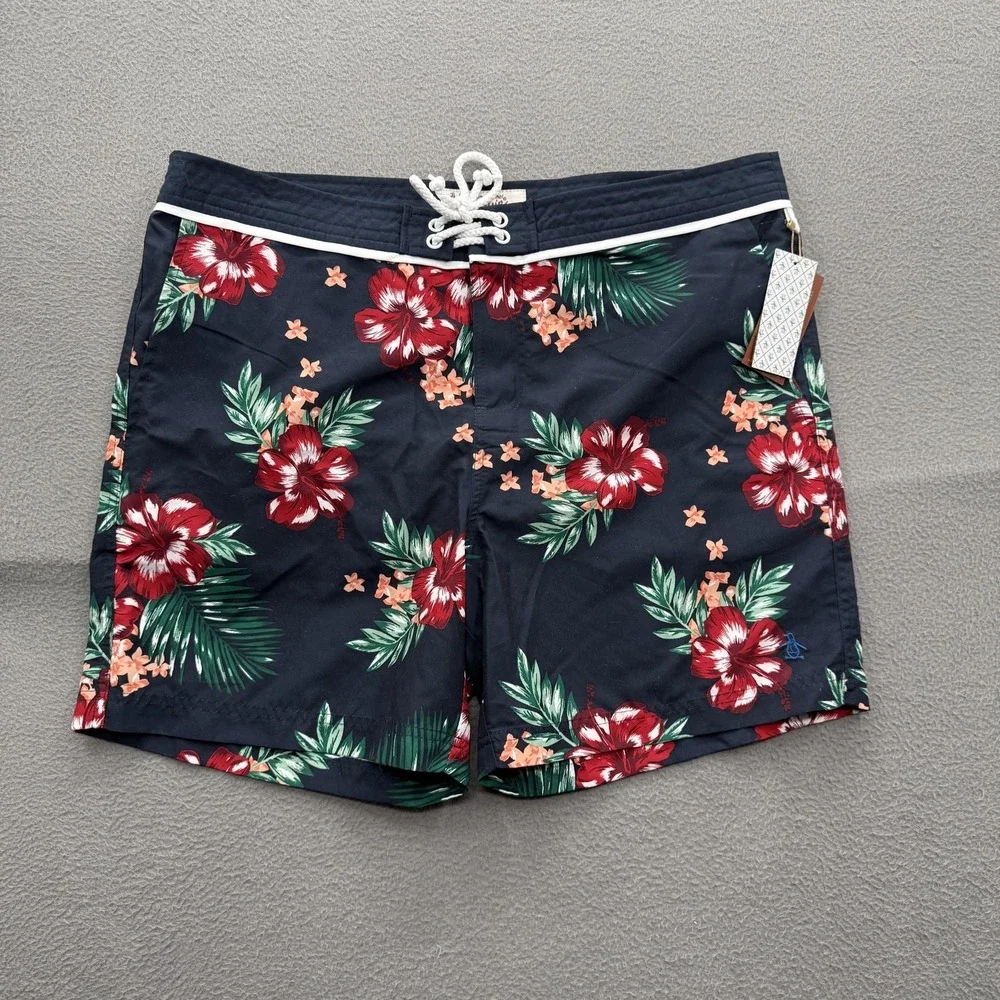 Original Penguin Swim Shorts Mens 34 Blue Tropical Floral Trunks Lined Beach